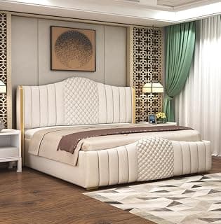 MODESTY WOODS Modern Upholstered King Size Bed with Box Storage for Bedroom | Wooden Double Bed with Storage | Platform Cot Bed with Upholstery Premium Fabric | 6.5 x 6 Ft | Sheesham Wood, White