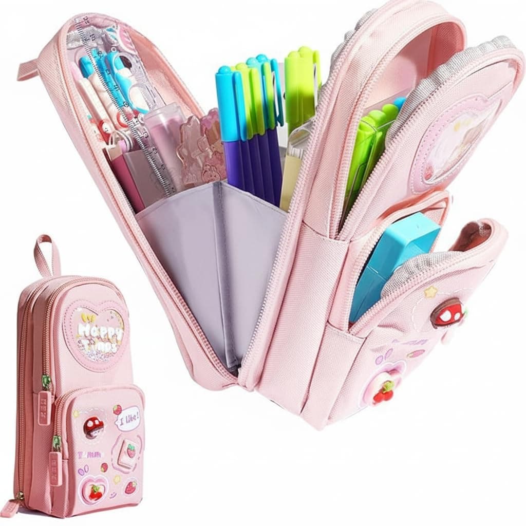 Umadiya Canvas Premium Pencil Case 6 Layer With 3 Compartment Cute Aesthetic Pencil Case Girls Large Capacity Pen Pencil Pouch Multifunctional Pouch School Kids, Cute Stationary Gift Children, pink