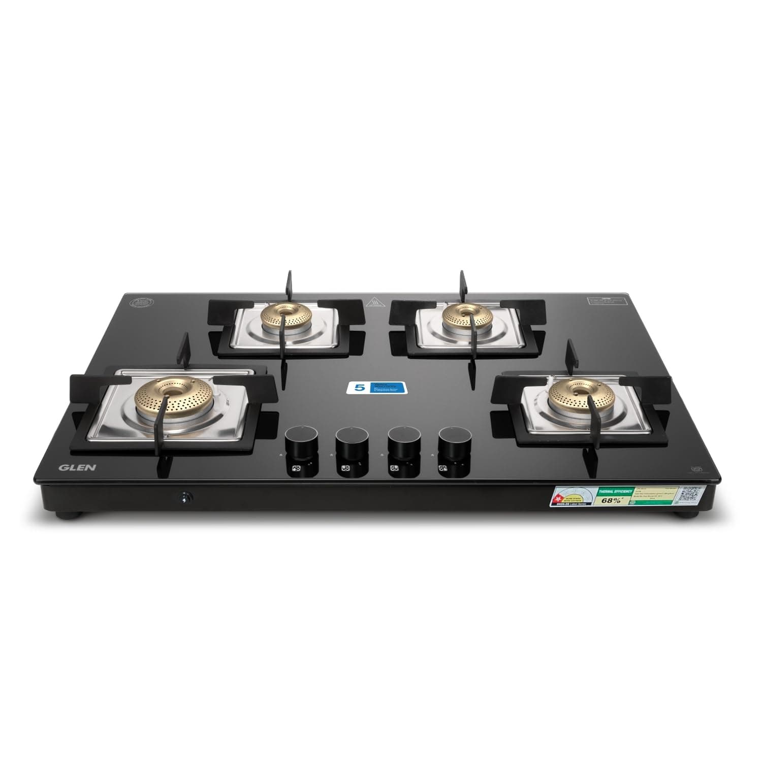 Glen 4 Burner Ultra Slim Premium Gas Stove | Auto Ignition | 8 MM Toughened Glass | 360 Revolving Inlet Nozzle | Forged Brass Burners | 2 years standard and 5 years glass Warranty | 1074USBL75