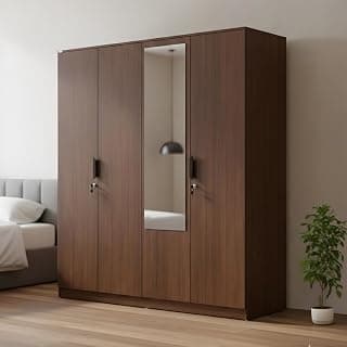 Nilkamal Milford 4 Door Wooden Wardrobe with Mirror for Bedroom | Almirah with 6 Shelves, 2 Hanging Rods & 2 Drawers | Clothes Cupboard | Engineered Wood | Classic Walnut