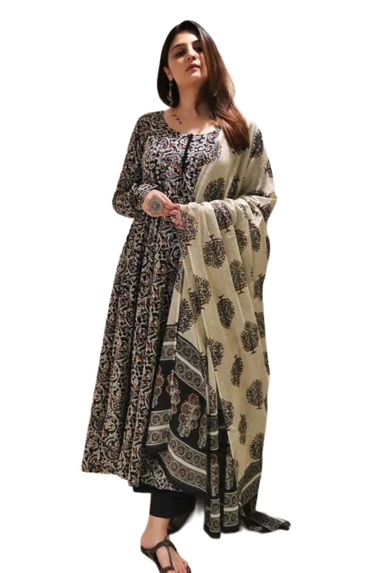 Nermosa Women Printed Anarkali Kurta and Pant Set with Dupatta | Printed Kurta Set | Cotton Suit | Women Kurta Sets |