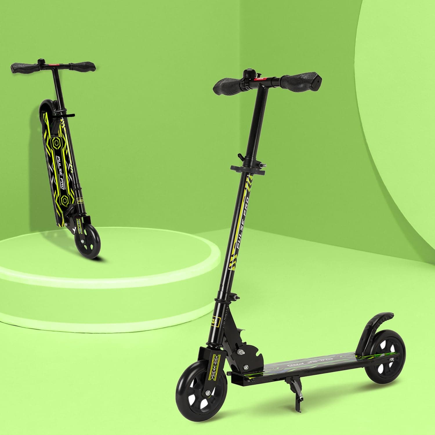 Amazon Brand - Jam & Honey Kick Scooter | Foldable 2-Wheel Design with Rear Brake | 3-Height Adjustable Handlebar | BIS Certified | 50 kg Max Load | Neon Green | Ages 6-13 Years