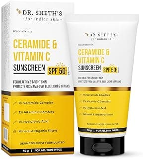 Dr. Sheth's Ceramide & Vitamin C Sunscreen SPF 50+ PA++++ | With 2% Vitamin C Complex, 1% Ceramide | In-Vivo Tested | For Bright Skin & Healthy Glow | Non-Greasy & No White Cast, Quick-Absorbing | UVA/B & Bluelight Protection | Unisex | For All Skin Types | 50 g