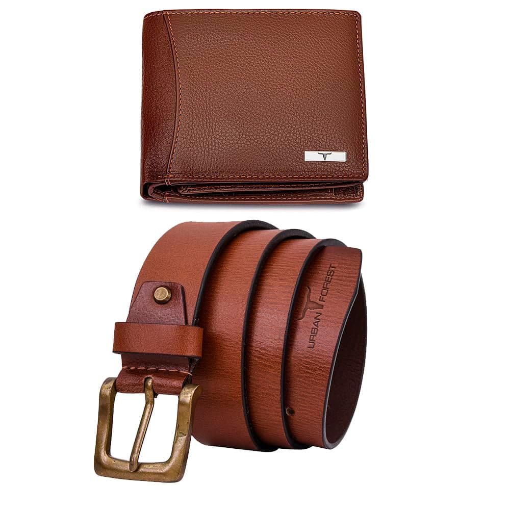 URBAN FOREST Brian Redwood Leather Wallet & Redwood Casual Textured Belt Combo Gift Set for Men