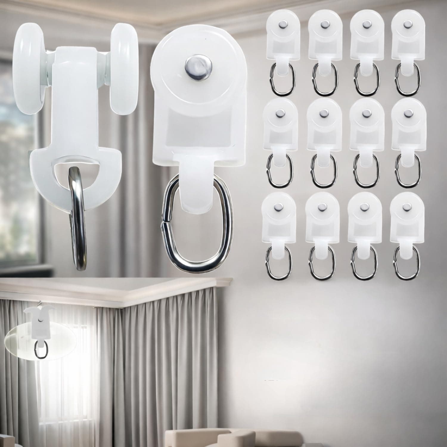 Urban Elite Curtain Track Rollers & Runners for M Track Channel | Smooth Sliding Curtain Hooks | Heavy Duty White Sliders (20)