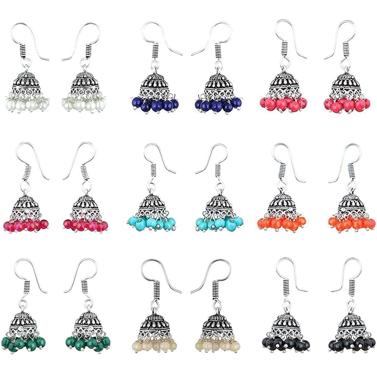 Sukkhi Exclusive Multicolor Brass Oxidized Silver Jhumki Earrings for Women - Combo of 9
