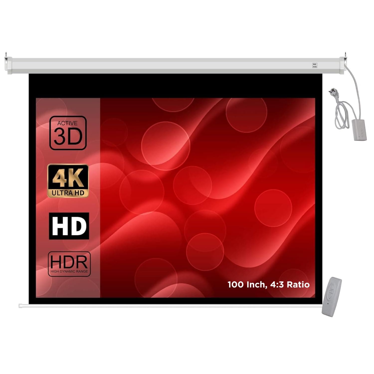 BIG VUE 100 Inches Motorized Projector Screen | Electric Projection Screen | Home Theatre Screen | with Remote Control (100 Inch, 4:3 Ratio)