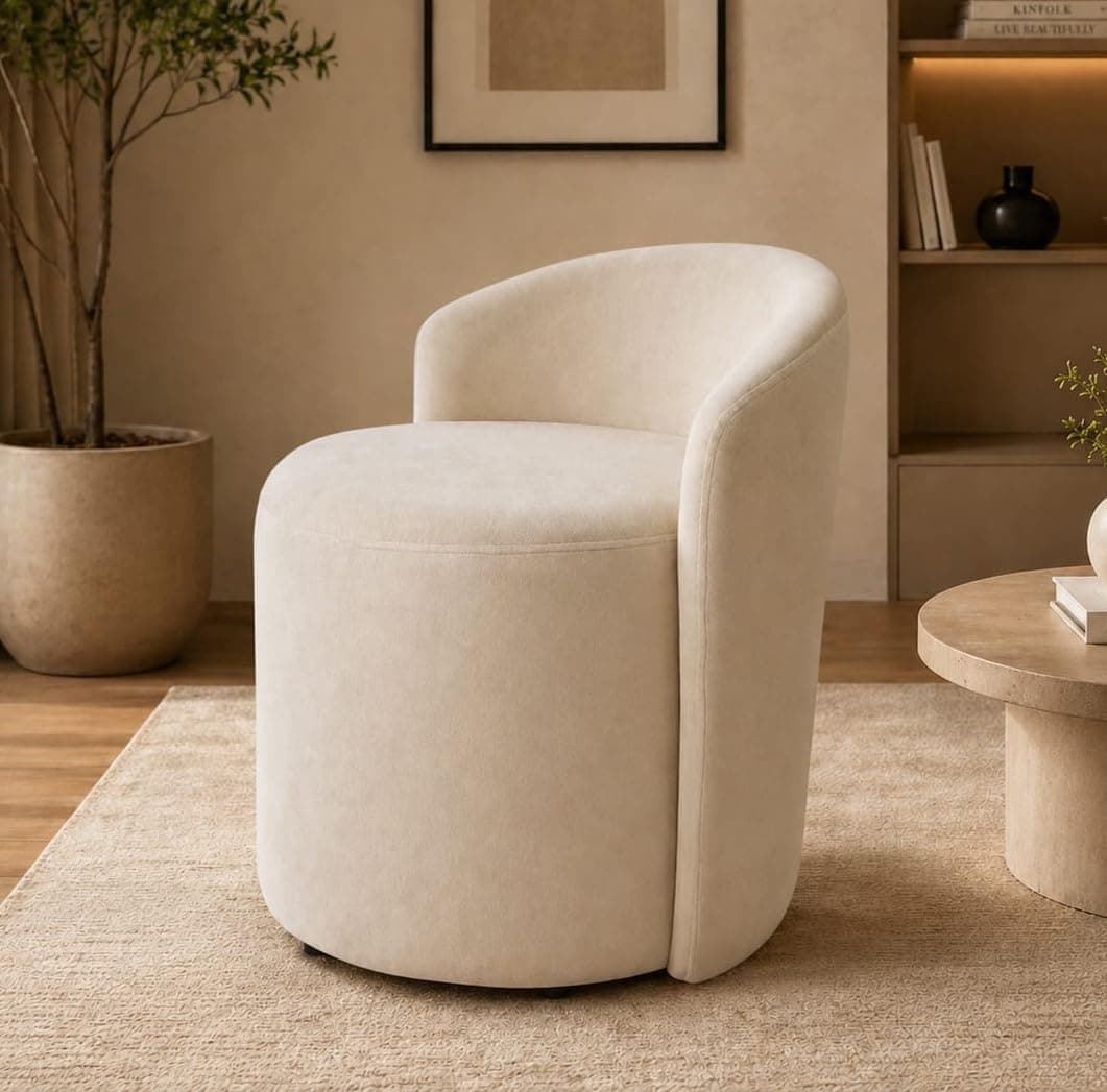 Solid Wood Upholstered Ottoman Stool For Living Room With Backrest | Memory Foam Mudda Puffy Stool for Drawing Room | Sofa Style Accent Chair for Dressing Table & Bedroom | Round Footrest | Beige