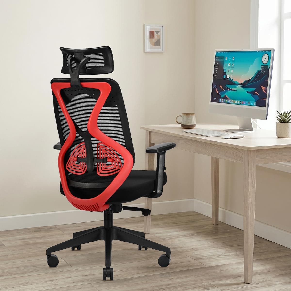 IAFA FURNITURE® Ergolux High Back Ergonomic Office & Study Chair | 3 Year Warranty | Adjustable Height, Tilt Lock, 2D Headrest, Adjustable Arms & Lumbar Support | Nylon Base | DIY | (Red)