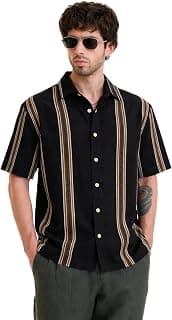 FactoryCart Men's Short Sleeve Button-Up Shirt, Black with Brown Vertical Stripes, Casual Style