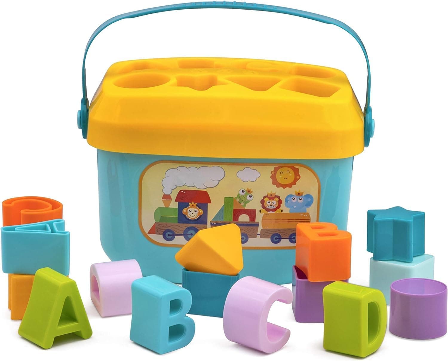 M-Alive Shape Sorter Educational Toy with Letters and Numbers, Storage Bucket with Handle, 20x11.5x18cm, Multicolour