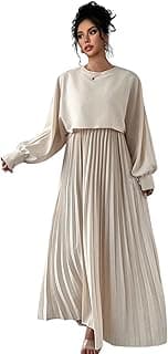 LITZO Dress for Women || Women’s Solid Pleated Maxi Dress || Modest Long Sleeve Loose Fit Flowy Gown for Casual, Office & Brunch || Lightweight Comfortable Western Outfit (T-L-17-18)