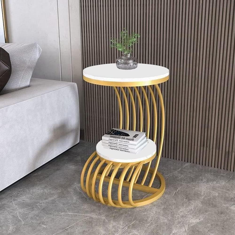Wooden Twist Crxxz Stylish Metal Base Marble Finish Laminated Top End Table Compact & Elegant Accent Table for Modern Any Living Room (Golden & White)