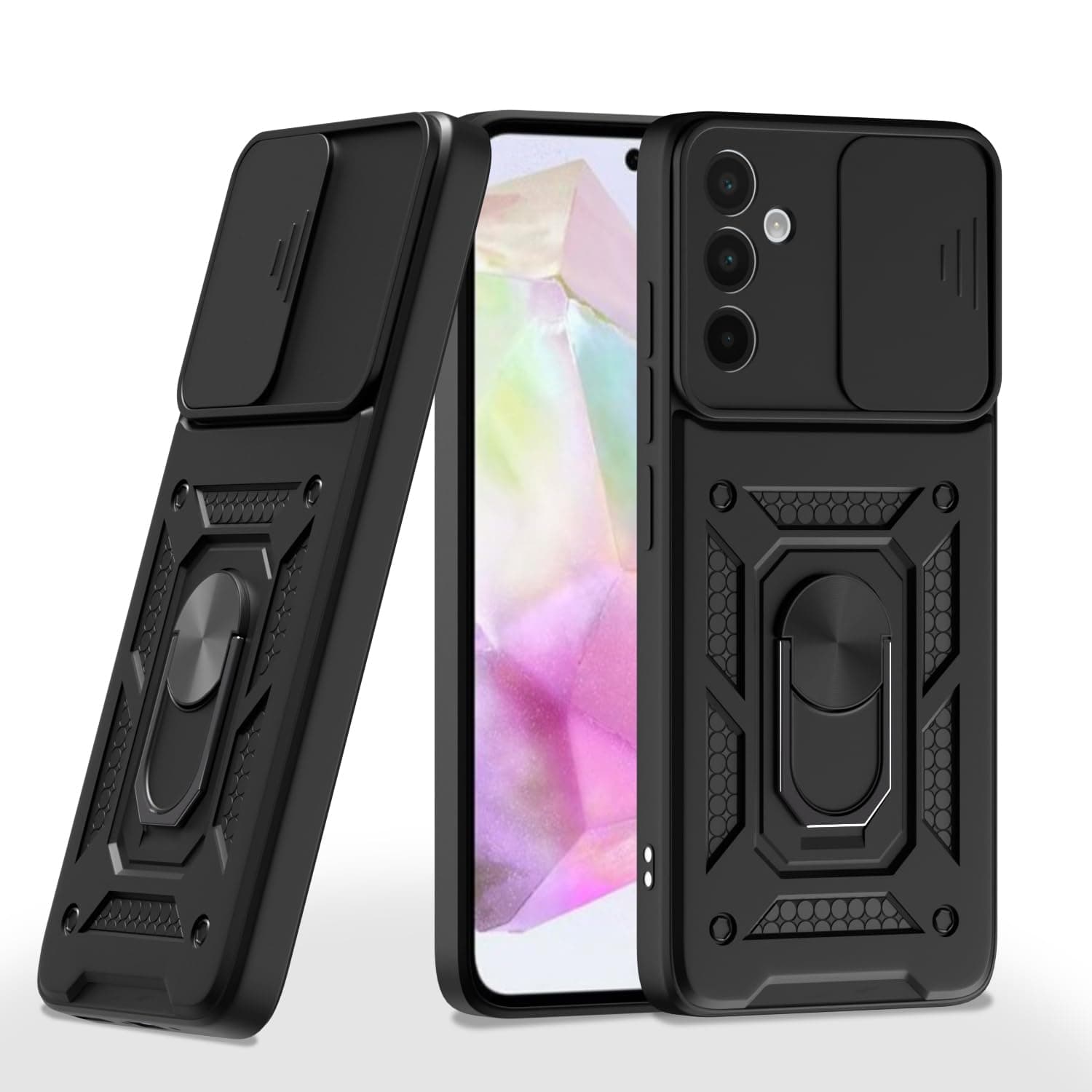 Amazon Basics TPU Back Cover for Samsung Galaxy A56 5G | 360 Protection Case|Sliding Camera Sheild Cover & Ring Holder Stand Back Cover | D10 Tough Armor Bumper Case (Black)