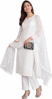 Yashika Women's White Crepe Embroidered Kurta Pant Dupatta Set with Floral Thread Work, Sheer Sleeves and Matching Net Dupatta