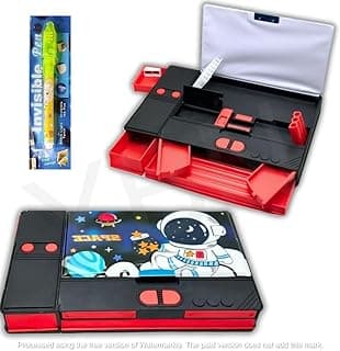 YBN Plastic Jumbo Size Multi-Functional Astronaut Space Theme Pencil Modern Geometry Box with Integrated Sharpner for Boys Girls Kids,Multicolor - with Free 1 Invisible Writing Light Pen