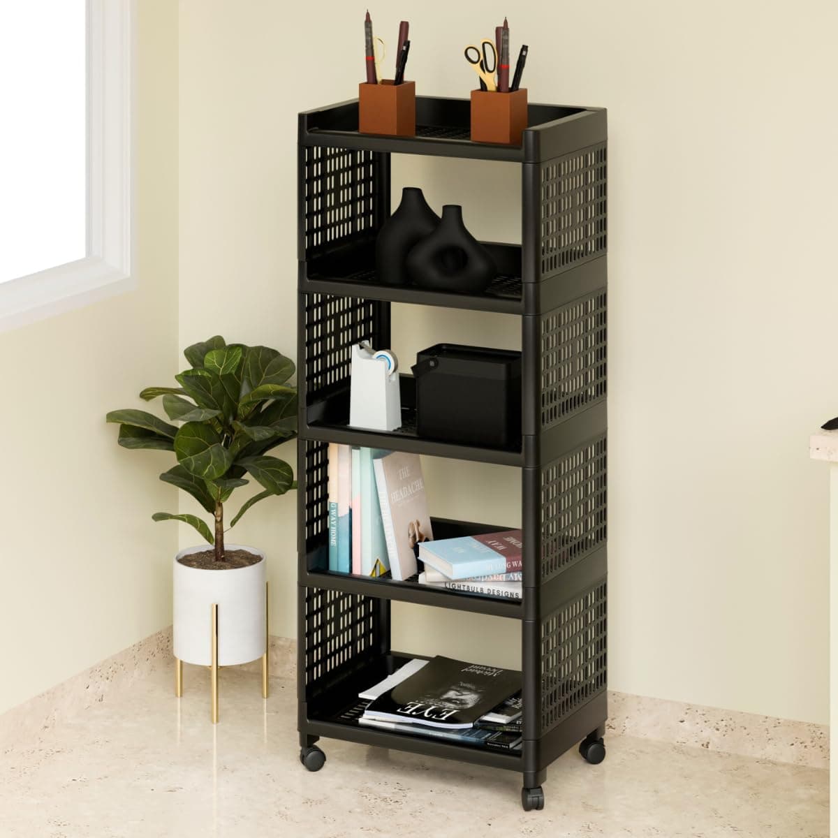 Biltoxi Plastic Multipurpose Storage Racks | 5 Shelfs Storage Organizer Racks for Home, Kitchen, Bathroom | Kitchen Trolley Rack with Wheels (Black)