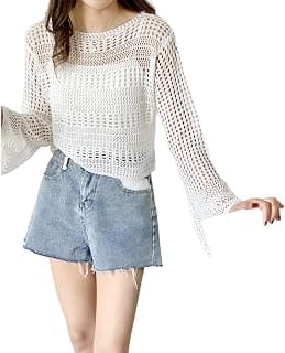 Generic CRAMPLE®Women Short Openwork Sunscreen Knitted Pullover Women Summer Seaside Resort Loose Design Sense Long-Sleeve Sweater Top