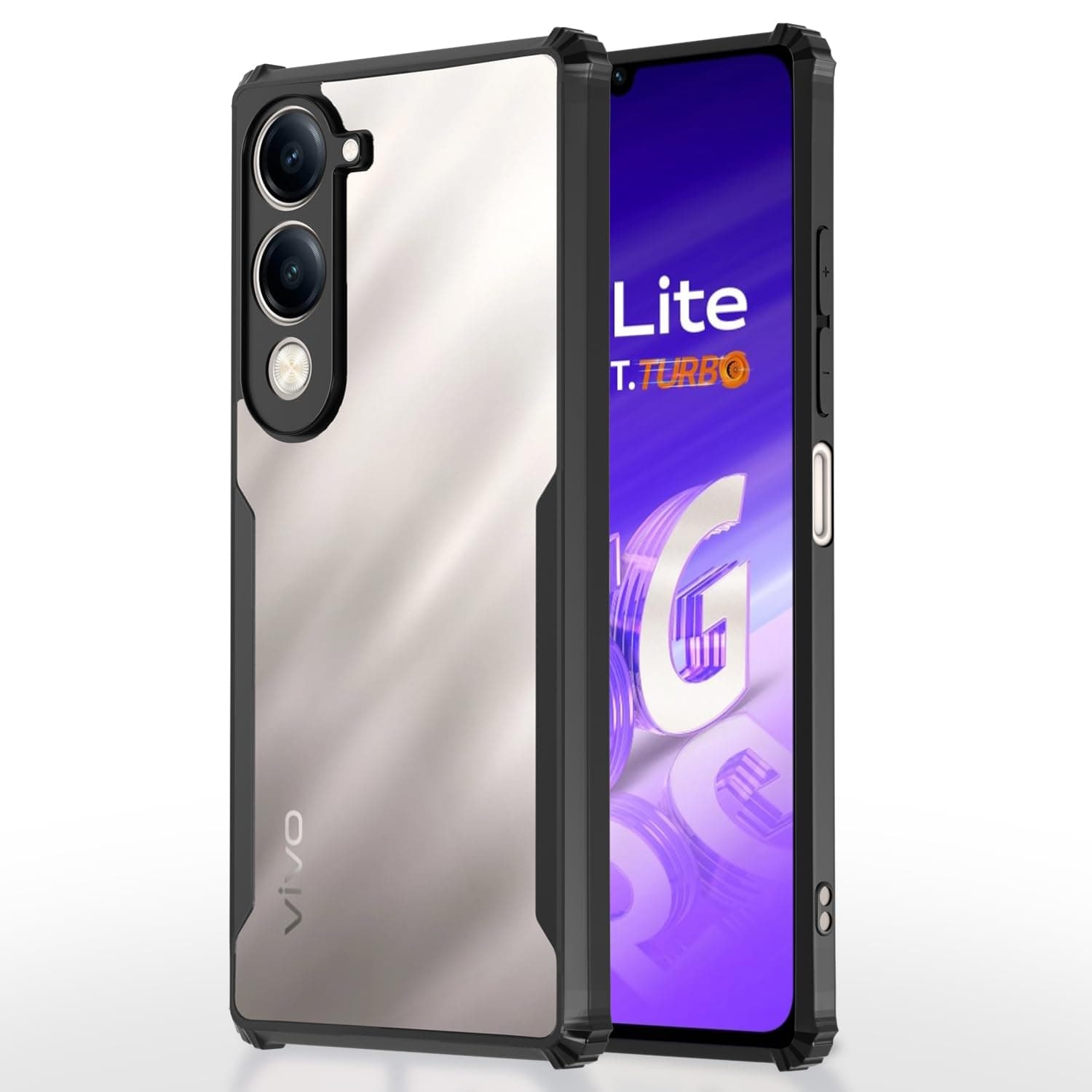 Amazon Basics Back Cover Vivo T4 Lite 5G / iQOO Z10 Lite 5G / Vivo Y04 4G / Vivo Y19 5G | Crystal Clear Transparent Back | Ultra Hyrbid | Full Camera Protection | Raised Edge | Bumper Case (Black)