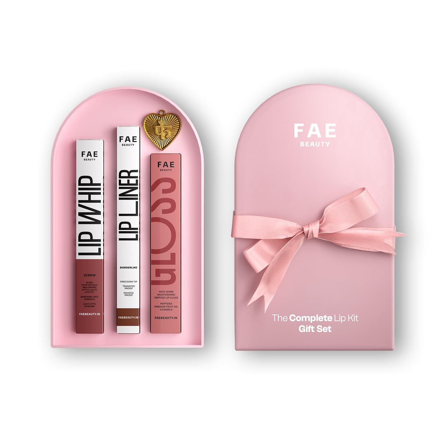 FAE Beauty The Complete Lip Kit Gift Set | Consists of 3 bestsellers - Re:Define Lip Liner, Lip Whip & Peptide Glaws Gloss | Shades - Borderline, Screw, Living