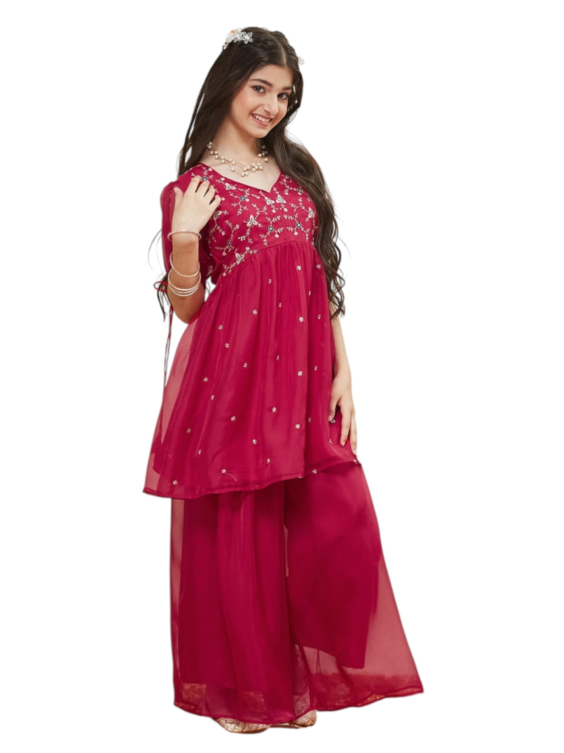 CURLY TALES ALPHA Girls Organza Floral Embroidered Kurta Top and Plazzo Set | Traditional Ethnic Kurta Top with Plazzo Ethnic Dress for Girls