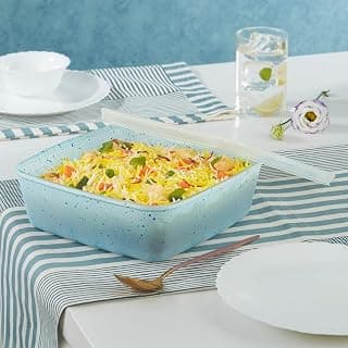 Borosil 1.6 L Blue Baking & Serving Dish with Lid | Borosilicate Glass Square Shape Bakeware and Serveware Casserole Dish Tray | Microwave, Oven & Dishwasher Safe Bowl