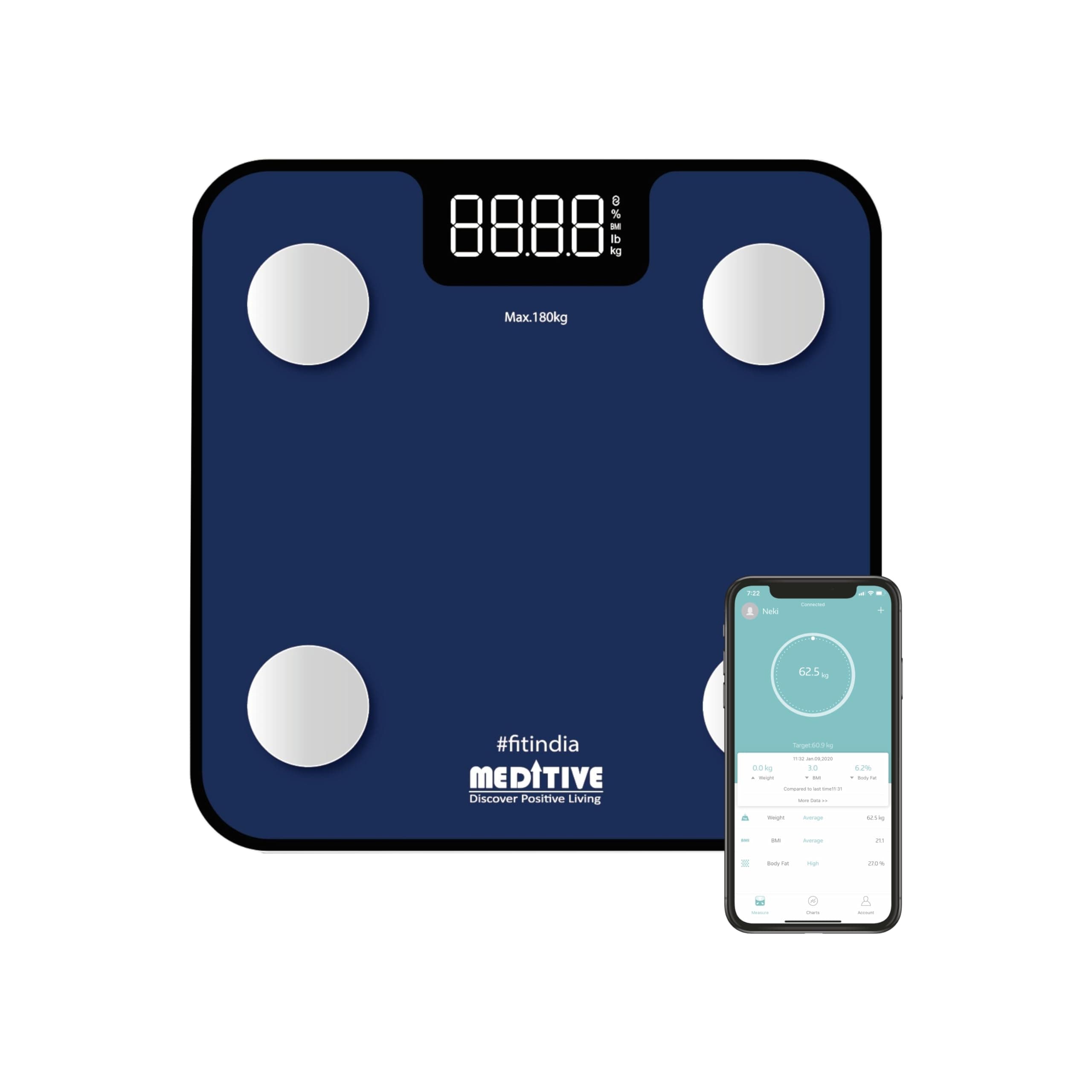 MEDITIVE Digital Human Weighing Scale for Body weight, Durable Glass Platform, BMI Bluetooth Scale, (Minimum Weight: 7Kg, Maximum Weight: 180 Kg)