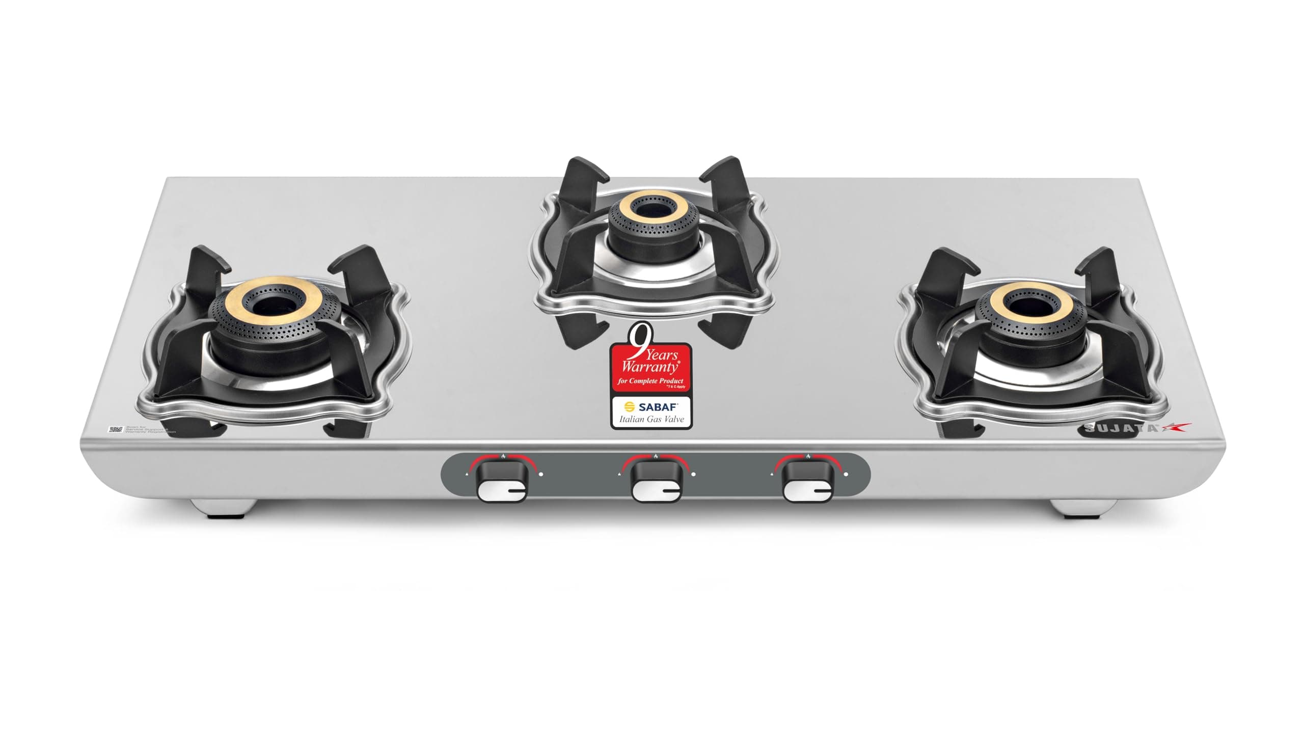 Sujata Majestic Manual Ignition Gas Stove | 9 Years Warranty | Stove 3 Burner, Gas Stove 3 Burners Steel, SABAF, ISI Certified, LPG & PNG Compatible, Jumbo Brass Burners (Stainless Steel)