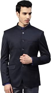 MANQ Men Navy Blue Solid Slim Fit Bandhgala Blazer