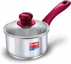 Prestige Platina Popular Stainless Steel Gas and Induction Compatible Sauce Pan with Glass Lid, 180 mm