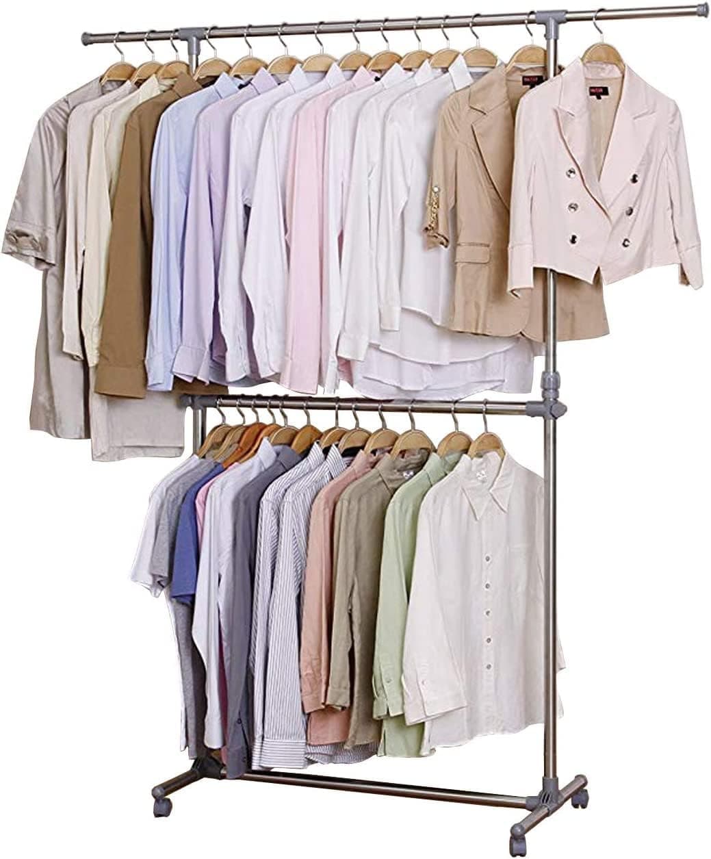 RAVIZAA Stainless Steel Double Pole Rail Telescopic Movable Portable Adjustable Clothes Garment Hanging Rack Stand with Wheels