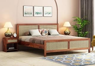 Sheesham Wood King Size Bed Without Storage with Natural Cane Design for Bedroom, Hotel & Guest House | Solid Wooden Double Cot Bed Furniture 80x75x40 Inch Honey Finish