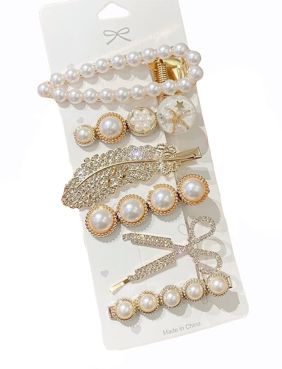 ANNACREATIONS 6 Pcs Pearl, Metal Pearl Barrettes for Women, White