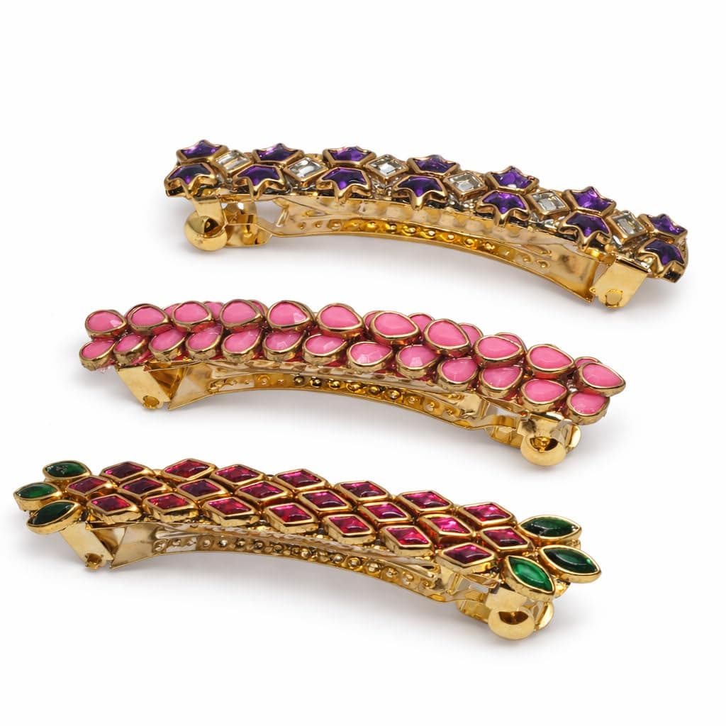 Designer Gold Finish Hair Clips for Women | Traditional Stone Studded Barrette | Strong Grip Center Back Hair Clip for Saree, Party (Baby Pink, Violet and Purple, Pack of 3)