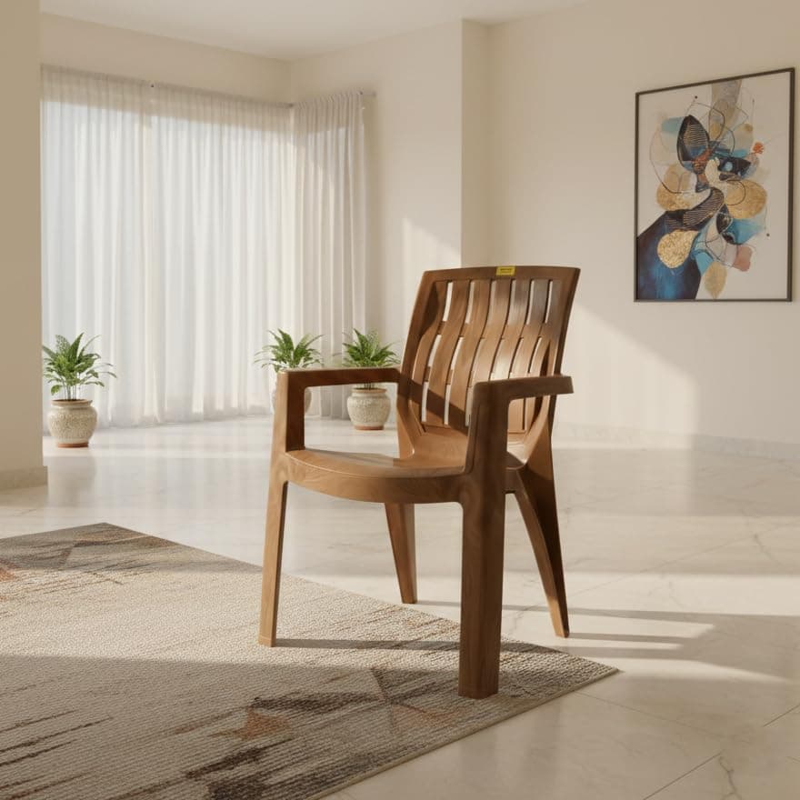 Patiofy Single Plastic Chair for Home & Outdoor Use | Heavy Duty Comfortable Chair with Strong Legs | Stackable, Easy to Clean | Suitable for Living Room, Balcony (Pack of 1-Spino | Sandalwood)