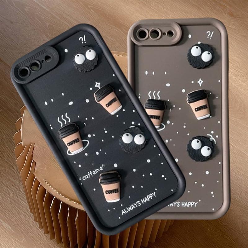 ZEROTO Back Case Cover Compatible for iPhone 8 Plus | Pack of 2 Combo Black & Brown Case | Cute Fun Cartoon 3D Ball Coffee Silicone Case | Body Protection | Camera Protection | Shock Proof