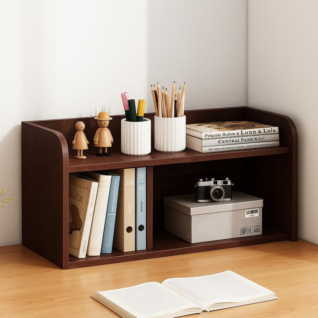 Adjustable Wooden Desk Organizer Shelf – 2-Tier Countertop Bookshelf for Office, Study, Bedroom – Storage Rack for Books, Files, Stationery & Decor (Natural Wood Finish) (Brown)