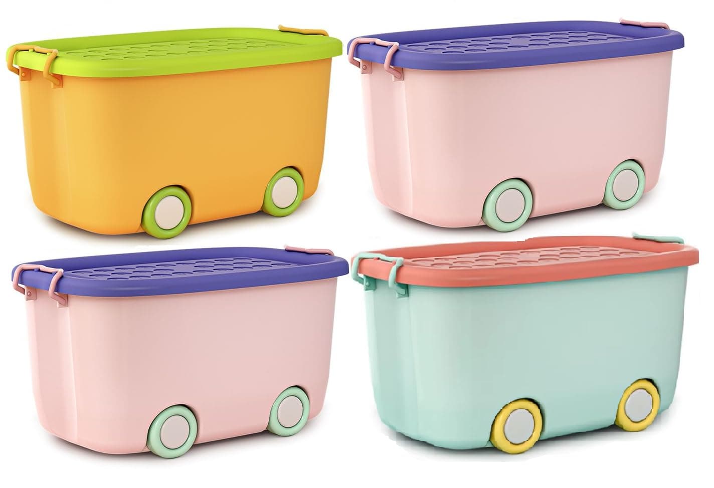 STAR WORK Multipurpose Durable Storage Box Colorful Car-shaped Children's Toy Storage Container with Wheels and Handle (Pack Of 4, 45 Liter)