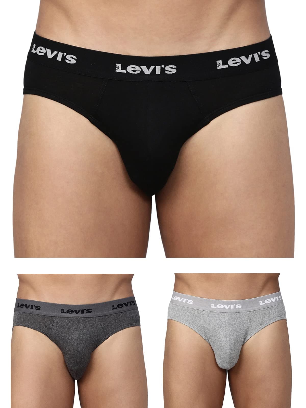 Levi's 009 Neo Brief for Men | 100% Pure Cotton | Solid Men's Underwear | Breathable | Branded Outer Elastic Anti-Roll Waistband | Extra Supportive Gusset | Dual Layer 3D Pouch | Tagless | Pack of 3