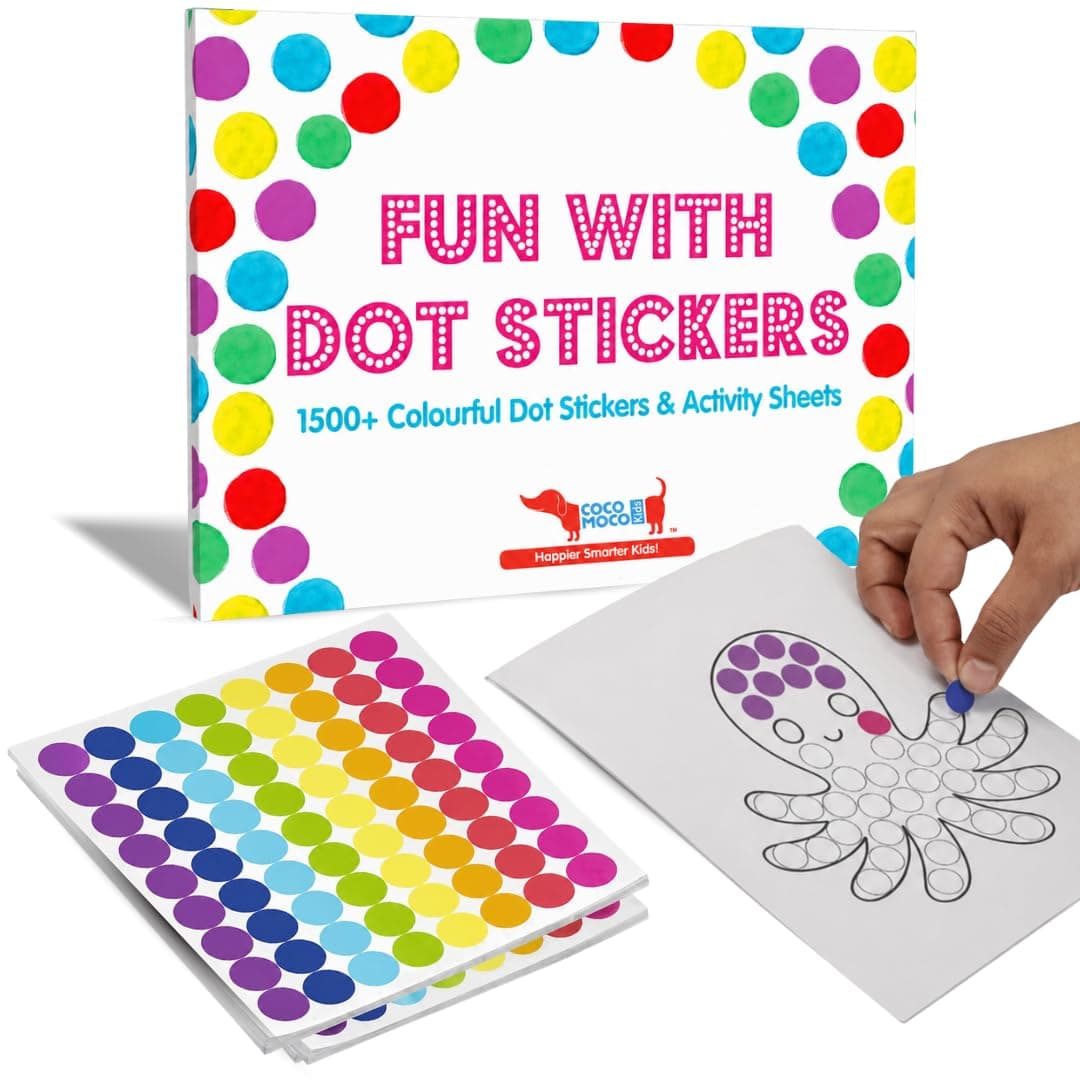 CocoMoco Kids Premium Dot Stickers for Kids with 123, ABC & Animals Sticker Book -1500+ Round Color Stickers Fun Craft Supplies for Boys & Girls, Toddlers Learning Activities, Sticker Activity Book