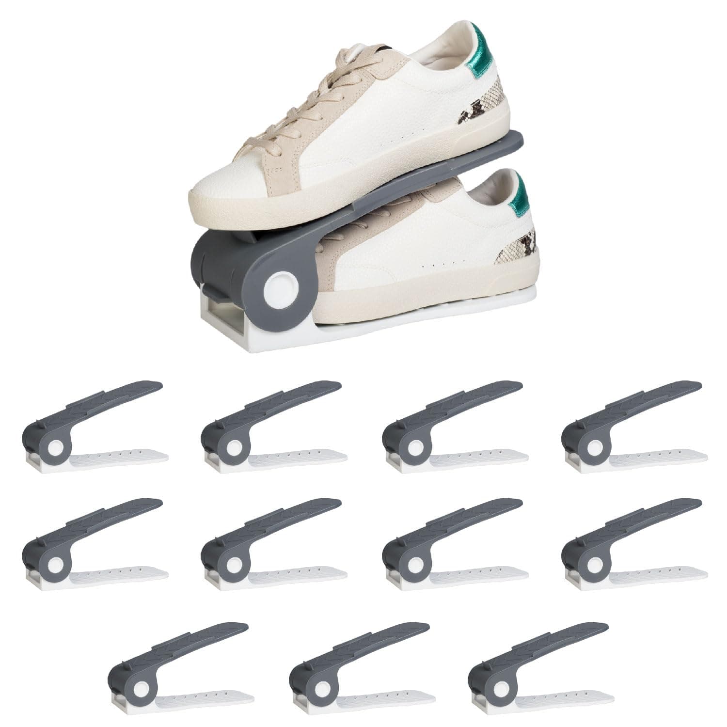HomeStrap Plastic Shoe Organizer Slot (Pack Of 12) (Grey/White)| Adjustable | Space Saver | Double Deck Shoes Storage Holder For Rack And Shelf, 25X10X12 Cm