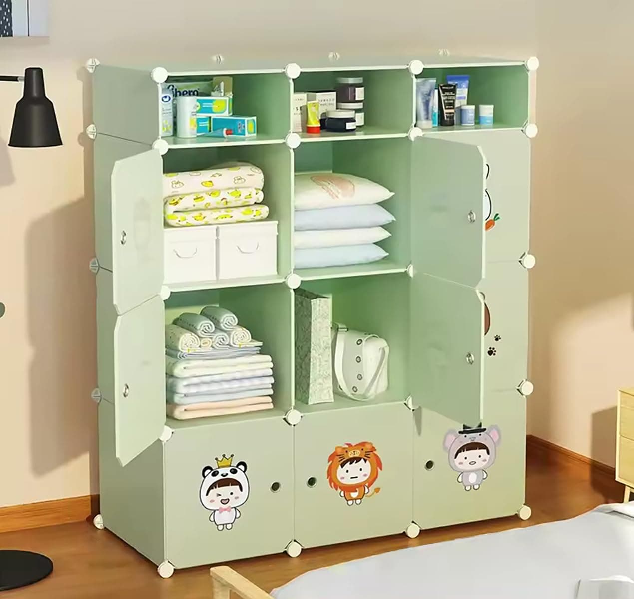 EXVITO Kids Portable DIY Cartoon Giraffe Wardrobe | Multi-Shelf Foldable Almirah for Baby Clothes Storage Rack | 9+3 Door Plastic Kids Cupboard with Hanging Space & Drawers | Storage Organizer - Green