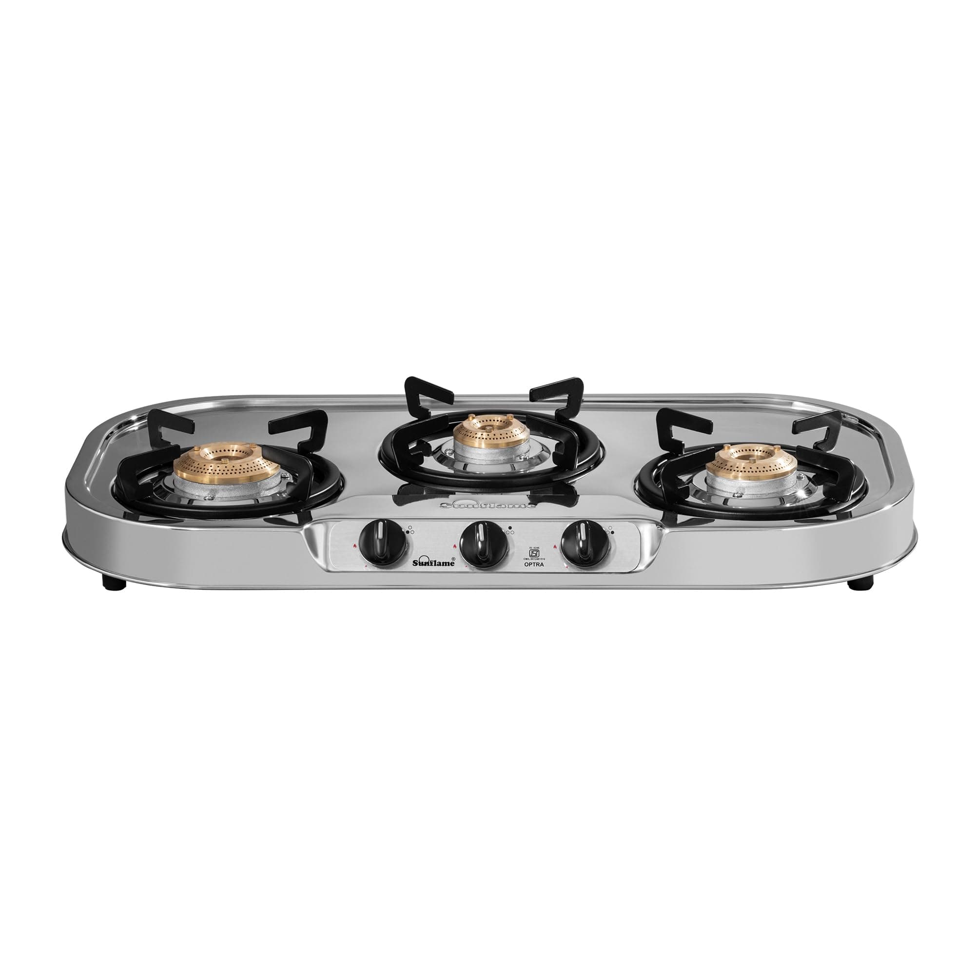 Sunflame Optra Gas Stove 3 Burners Steel Body with Curved Edges | 1 Jumbo, 1 Medium & 1 Small Brass Burners Gas Stove | 2-Years Product Coverage by Sunflame | Manual Ignition | PAN India Presence