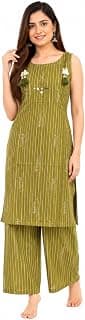 Generic Women's Olive Green Striped Kurta with Palazzo Set
