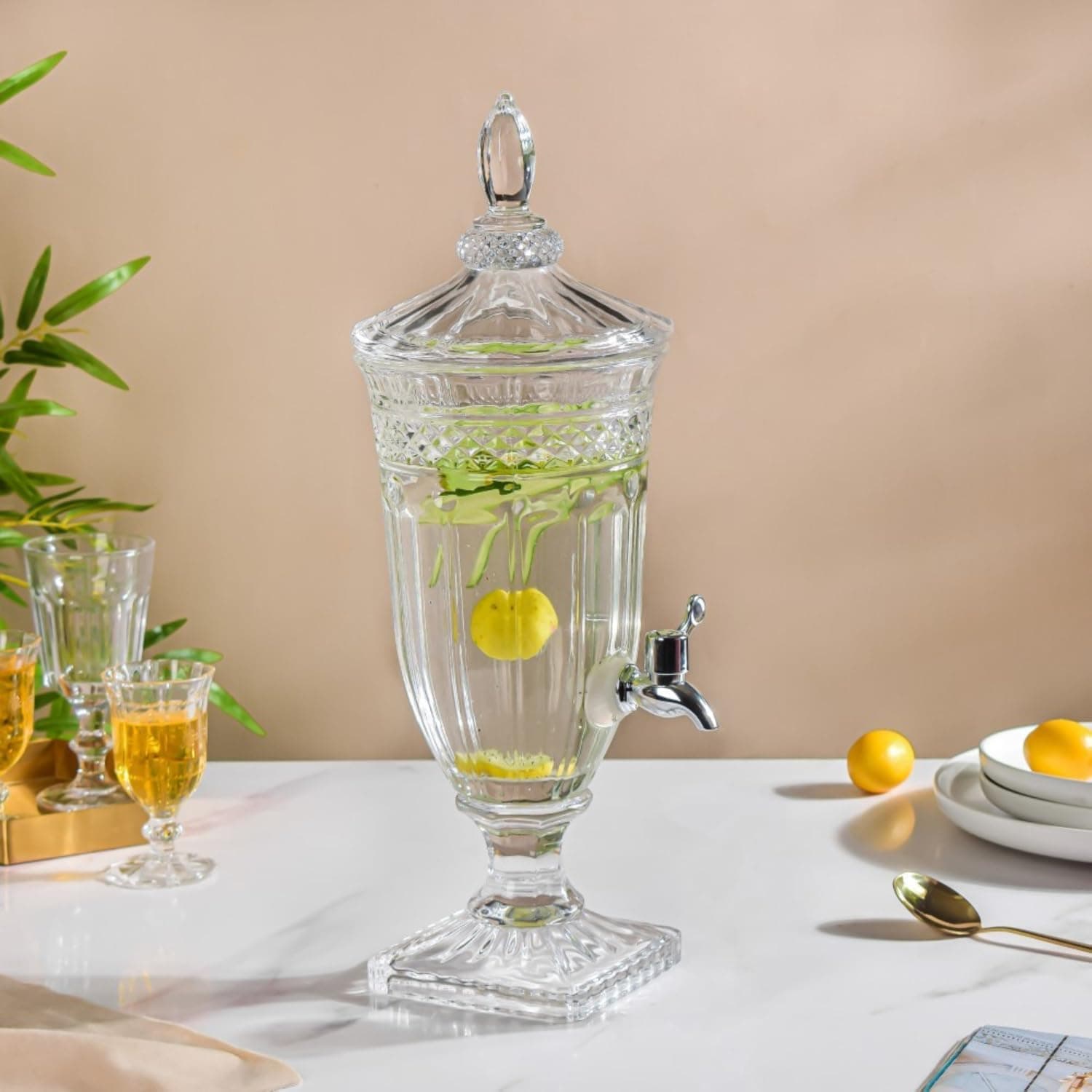 Glass Beverage Dispenser with Tap & Lid Drink Dispenser Jar for Juice, Lemonade, Infused Water, Iced Tea & Mocktails, Decorative Glass Server for Home Parties. (1800 ML. Glass Beverage Dispenser)