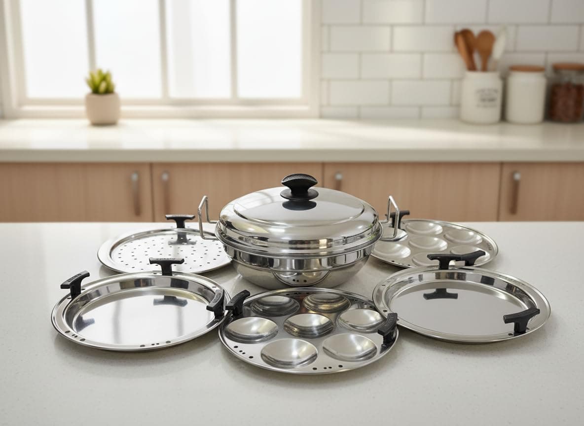 Garuda Stainless Steel Induction Bottom Multikadai with 5 Plates | All in One Steamer | Idli Maker | Dhokla Maker | Momos Maker |