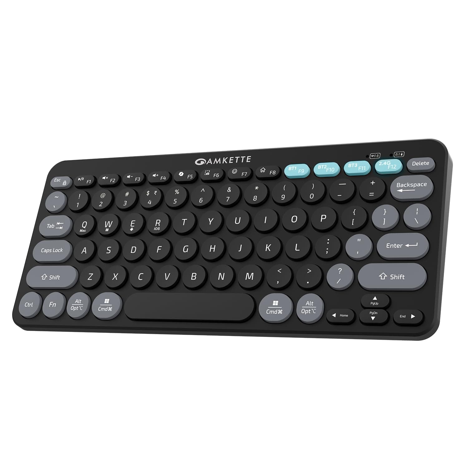 Amkette Optimus BT Plus Rechargeable Wireless Keyboard/Bluetooth Keyboard for Laptop | Compact Design.Powerful Firmware. 2.4G+3xBT, One Click Device Switching & AI Access, Dual OS Layout (Black)