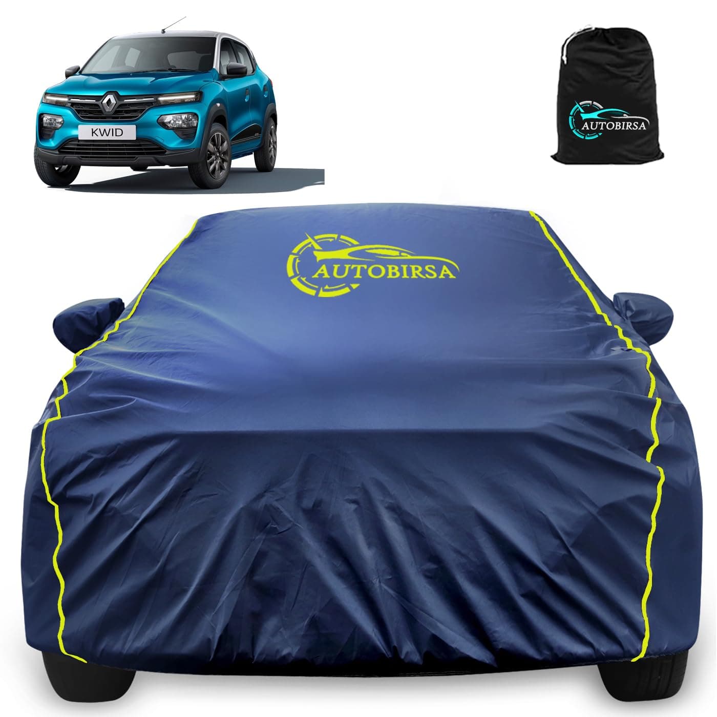 Autobirsa Waterproof Car Body Cover for Renualt Kwid 100% All Weather Proof with Mirror Packet & Full Bottom Elastic, Triple Stitching with 100% Nail Proof Cover Navy Blue