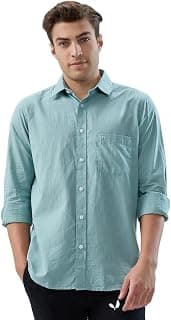 Colorplus Men Regular Fit Solid Pattern Pure Cotton Plain Collar Full Sleeve Casual Shirt Green