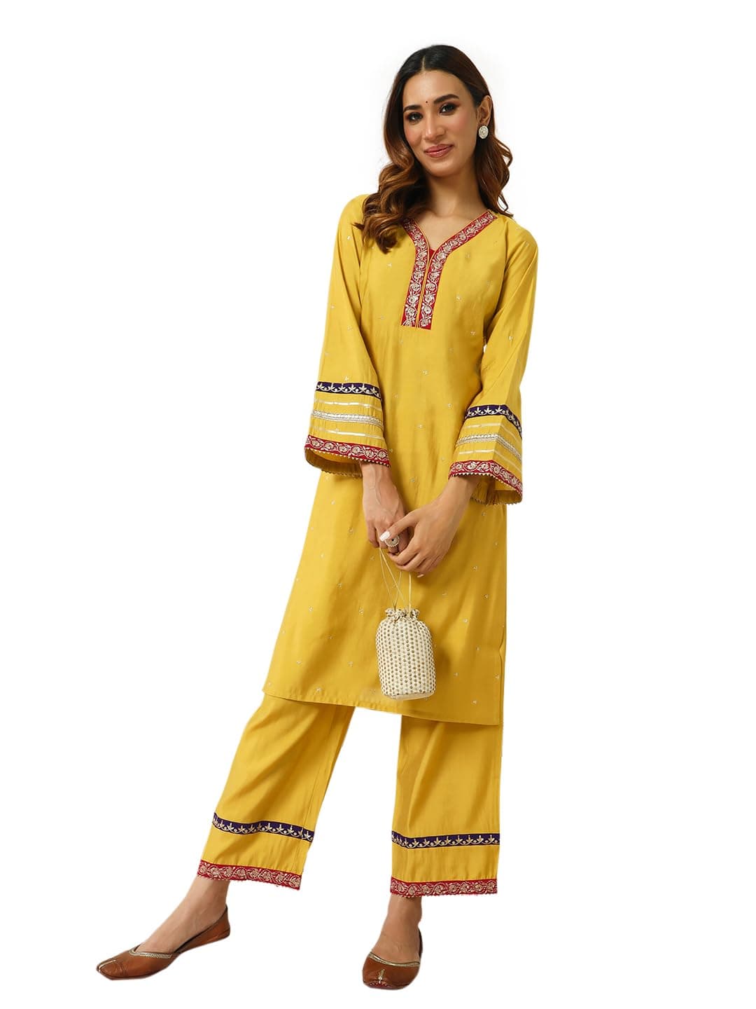 FIORRA Women's Yellow Chanderi Straight Kurta and Palazzo Set